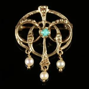 Antique Victorian Gold Brooch Turquoise Pearl 14Ct Circa 1900