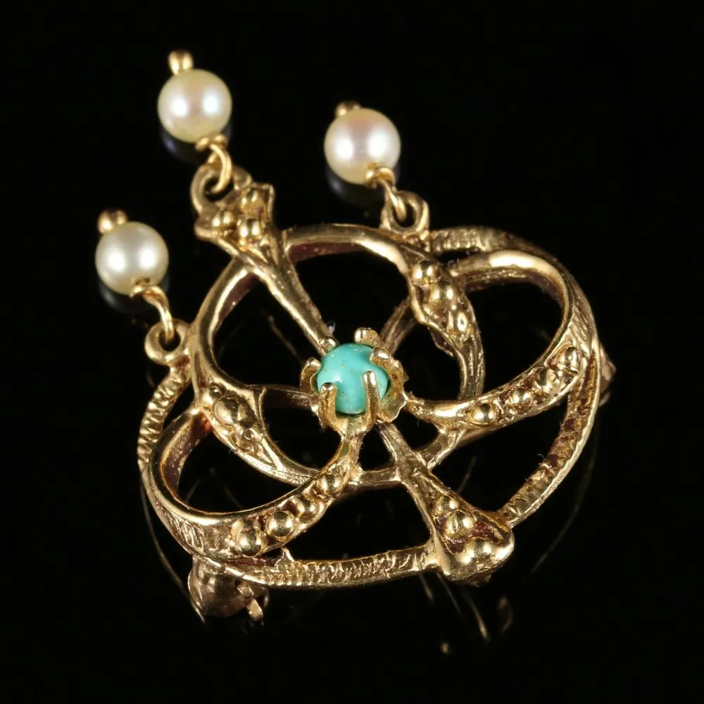 Antique Victorian Gold Brooch Turquoise Pearl 14Ct Circa 1900