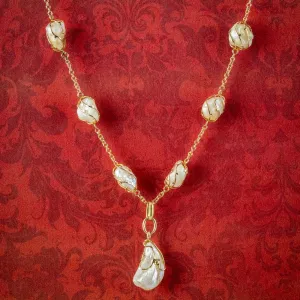 Antique Victorian Natural Baroque Pearl Pendant Necklace 15ct Gold