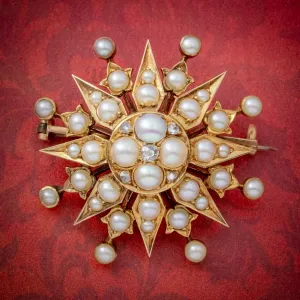 Antique Victorian Pearl Diamond Star Brooch 18ct Gold Circa 1900