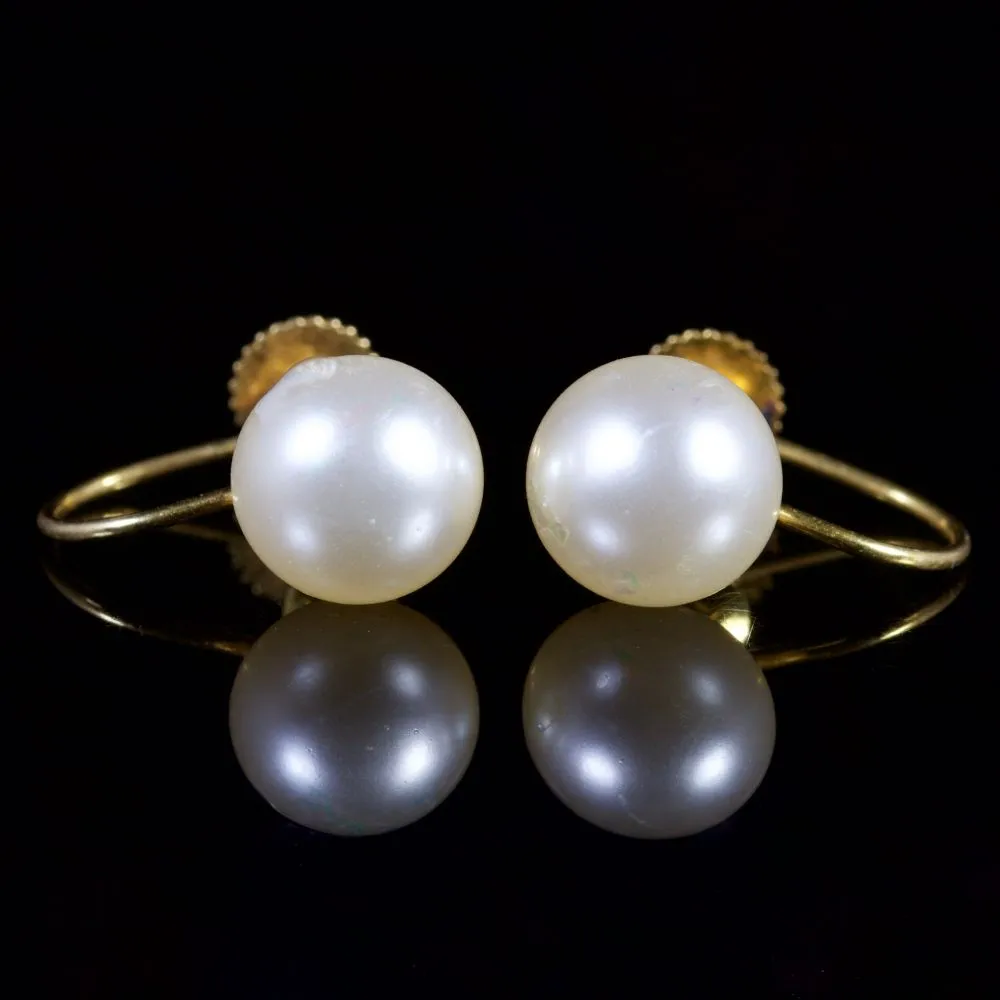 Antique Victorian Pearl Screw Earrings Circa 1900