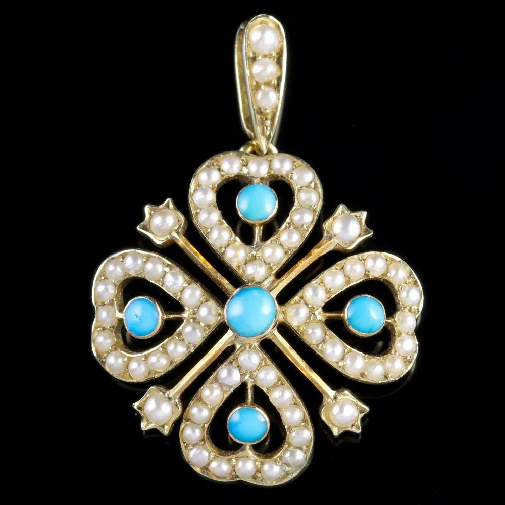 Antique Victorian Turquoise Pearl Pendant 18Ct Gold