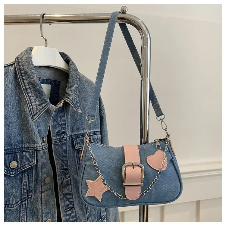 Applique Chained Buckled Denim Crossbody Bag