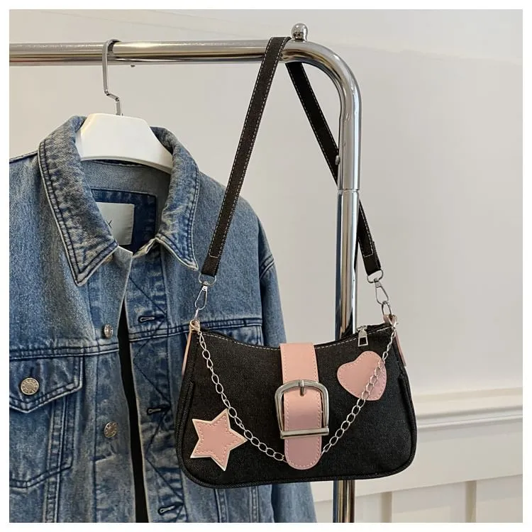 Applique Chained Buckled Denim Crossbody Bag