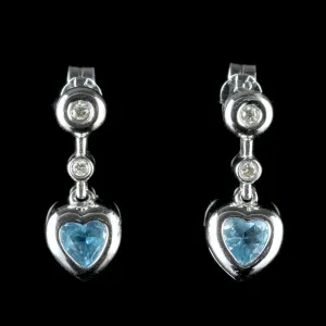 Aquamarine Diamond Heart Earrings 18Ct White Gold