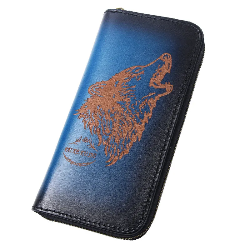 Around Zip Brown Leather Long Wallet Mens Wolf Zipper Clutch Wallet for Men