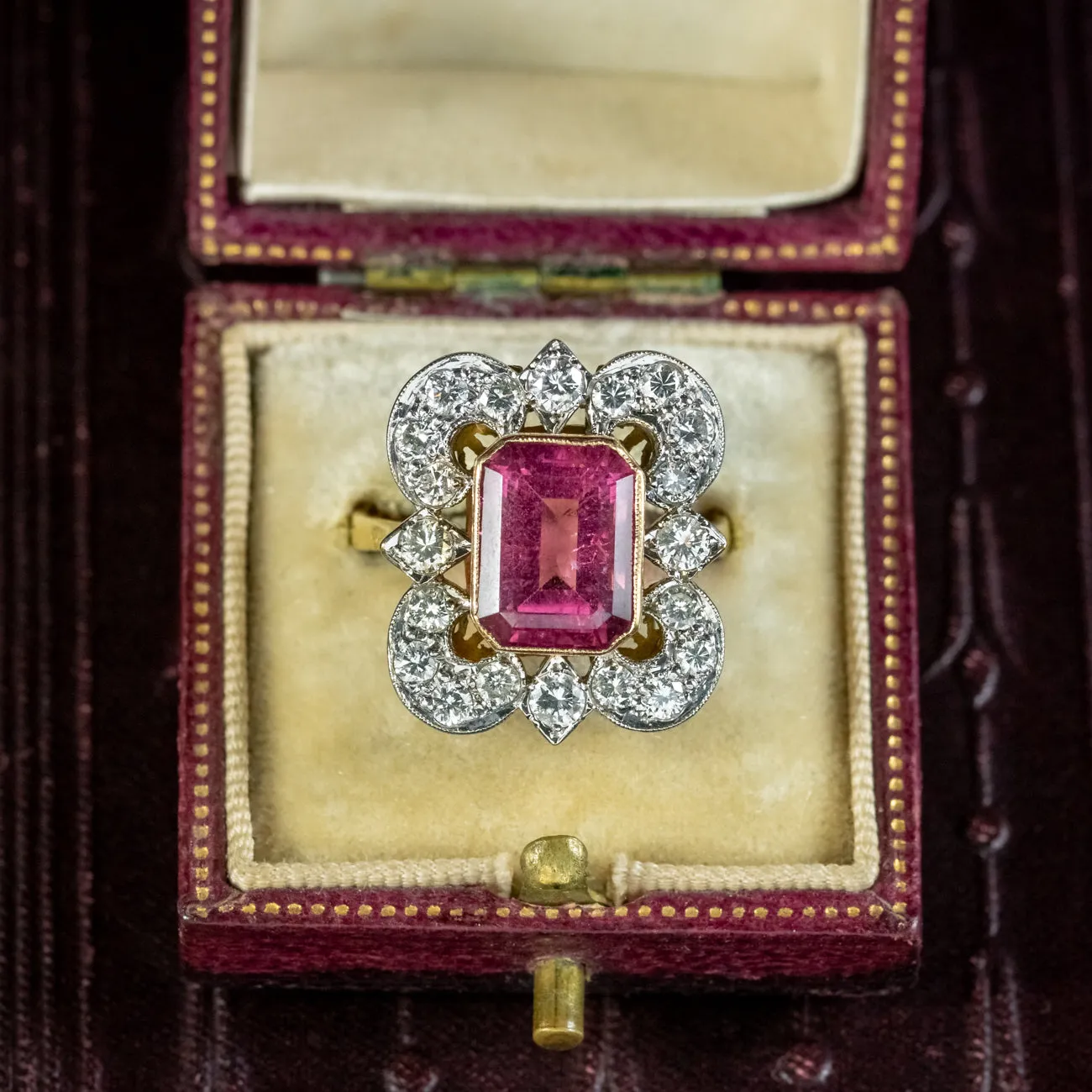 Art Deco Pink Tourmaline Diamond Ring 4.10ct Tourmaline Circa 1920 With Cert