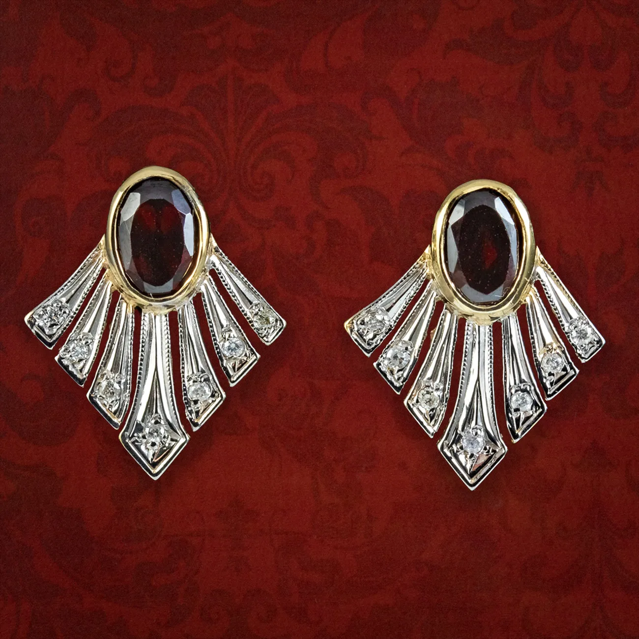 Art Deco Style Garnet Diamond Fan Earrings 9ct Gold