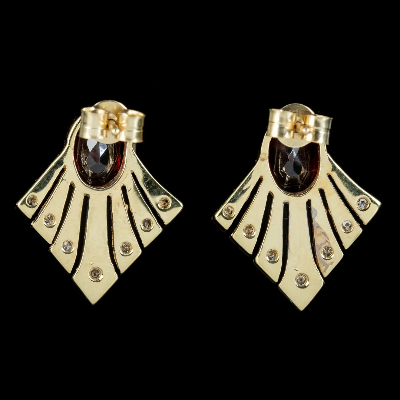 Art Deco Style Garnet Diamond Fan Earrings 9ct Gold