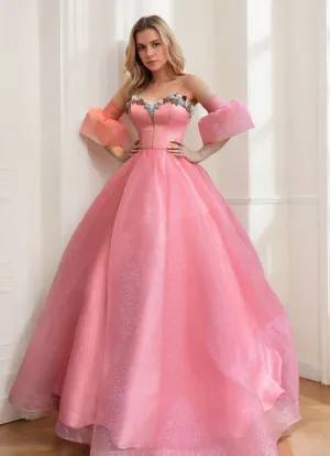 Ball Gown Strapless Sleeveless Elegant Prom Dresses with Embroidery & Ruffles