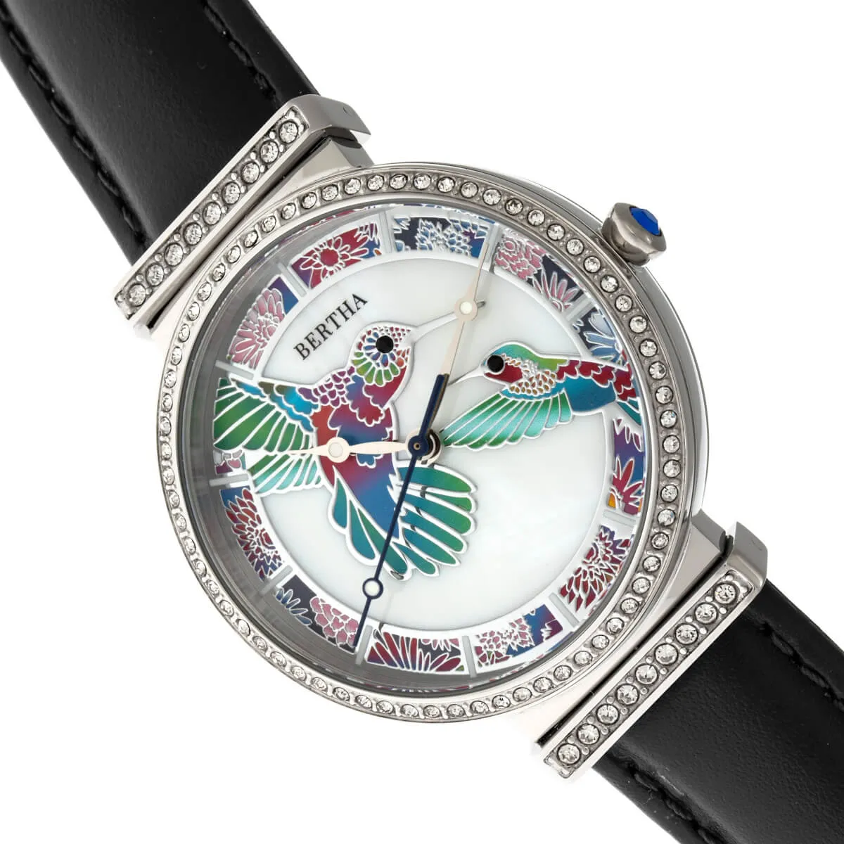 Bertha Emily Mother-Of-Pearl Leather-Band Watch - Silver/Black