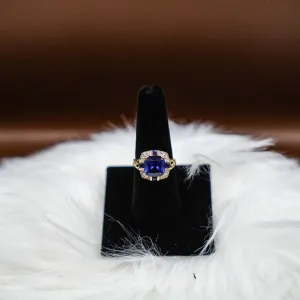 Big Sapphire Ring 10K Yellow Gold With Diamonds / 5gr / Size 8