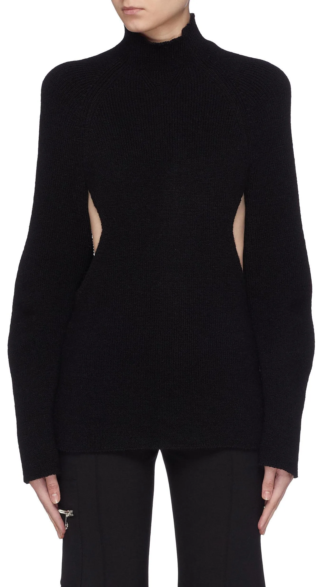 Black Puff Sleeve Cut-Out Waist Mock Neck Sweater