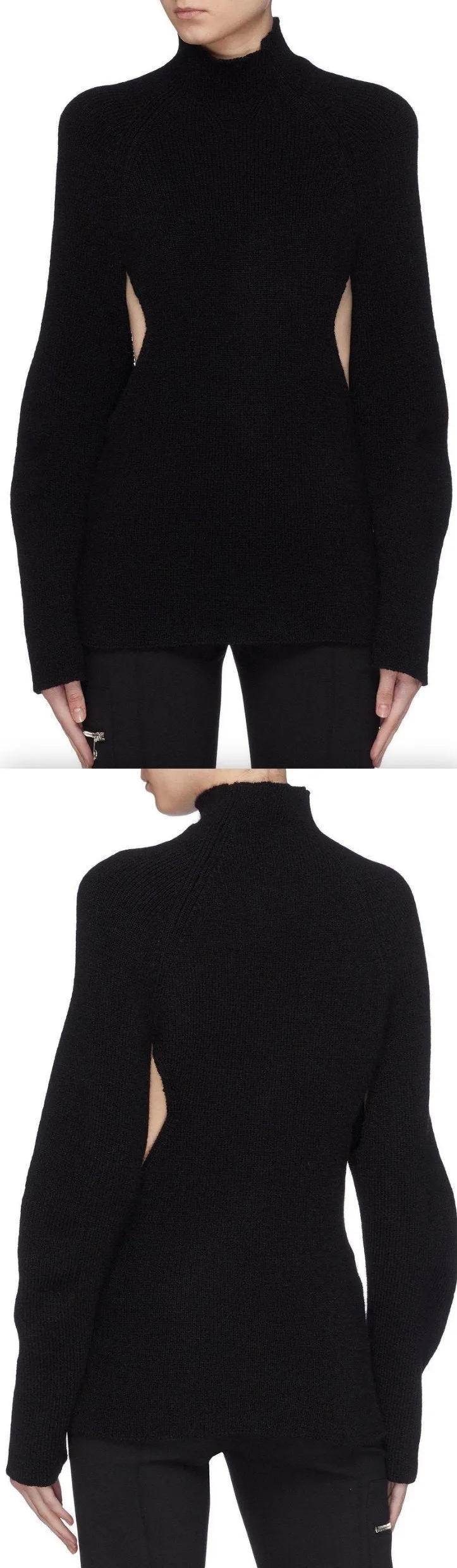 Black Puff Sleeve Cut-Out Waist Mock Neck Sweater