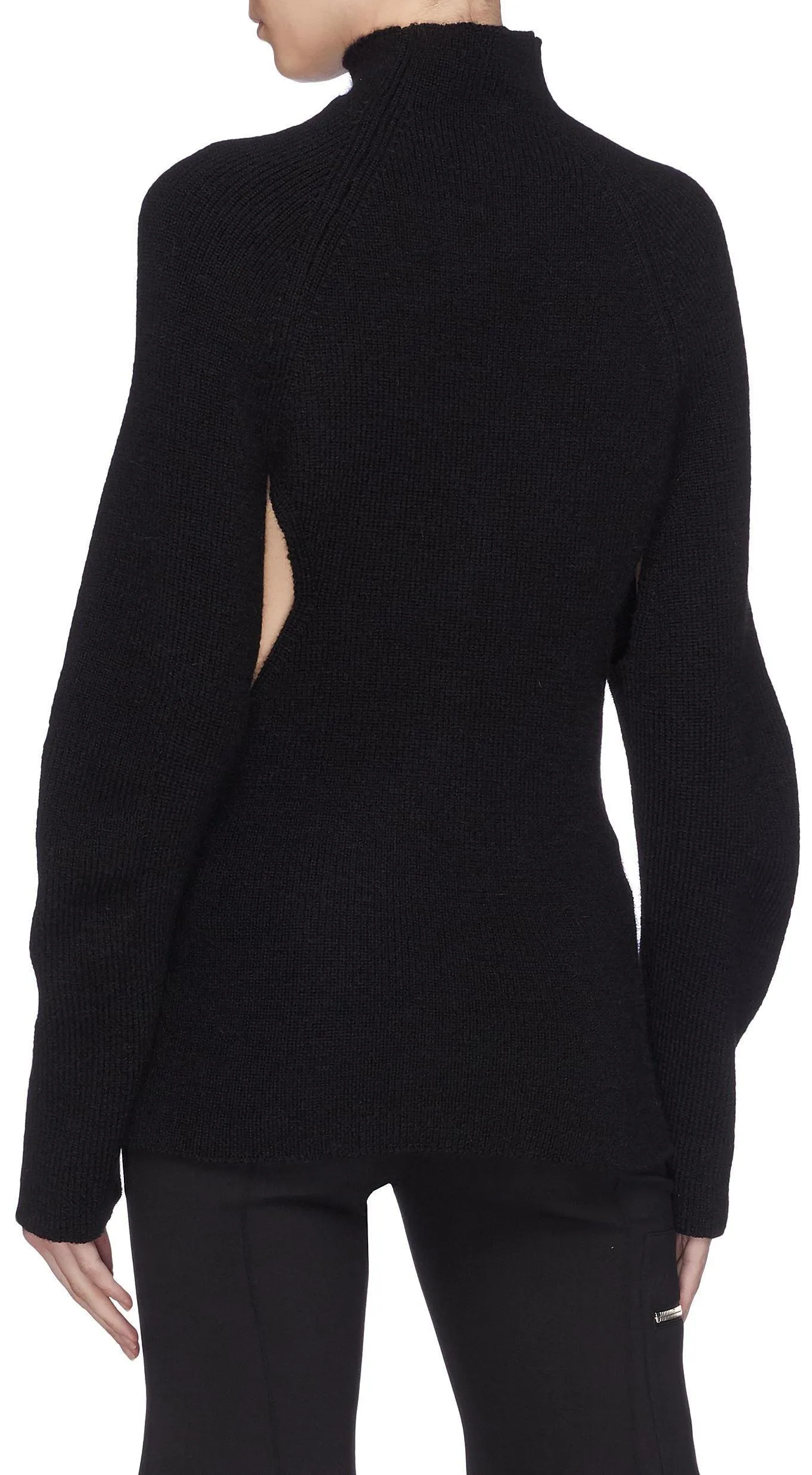 Black Puff Sleeve Cut-Out Waist Mock Neck Sweater