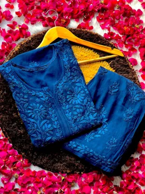 Blue Luxurious 3D Viscose Kurti and Plazo Set