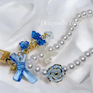 Blue roses with pearl keychain | faux pearl chain | bag charm