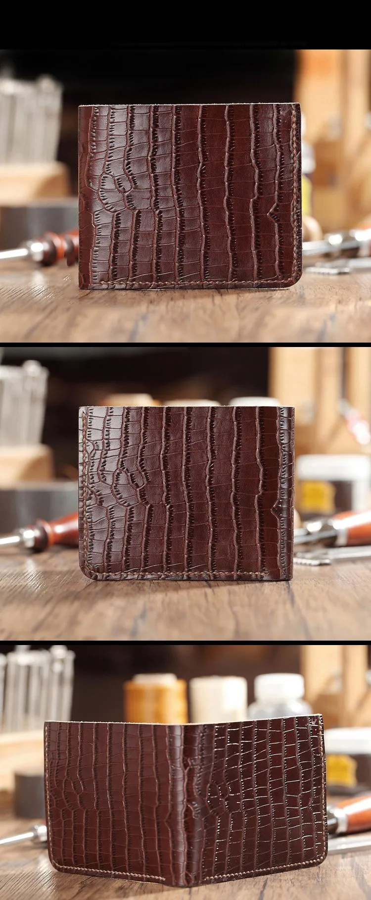 Brown Crocodile Pattern Leather Mens  billfold Wallet Bifold Small Wallet For Men