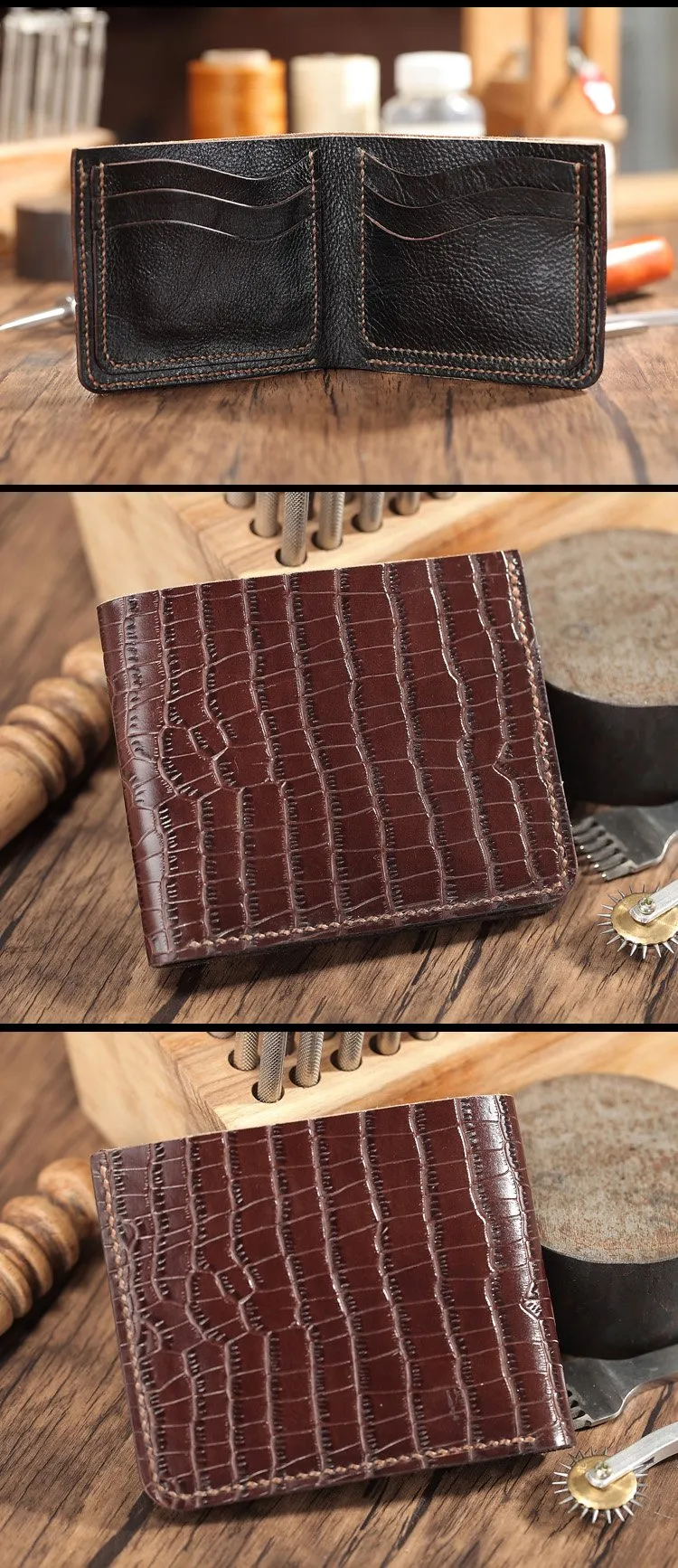 Brown Crocodile Pattern Leather Mens  billfold Wallet Bifold Small Wallet For Men