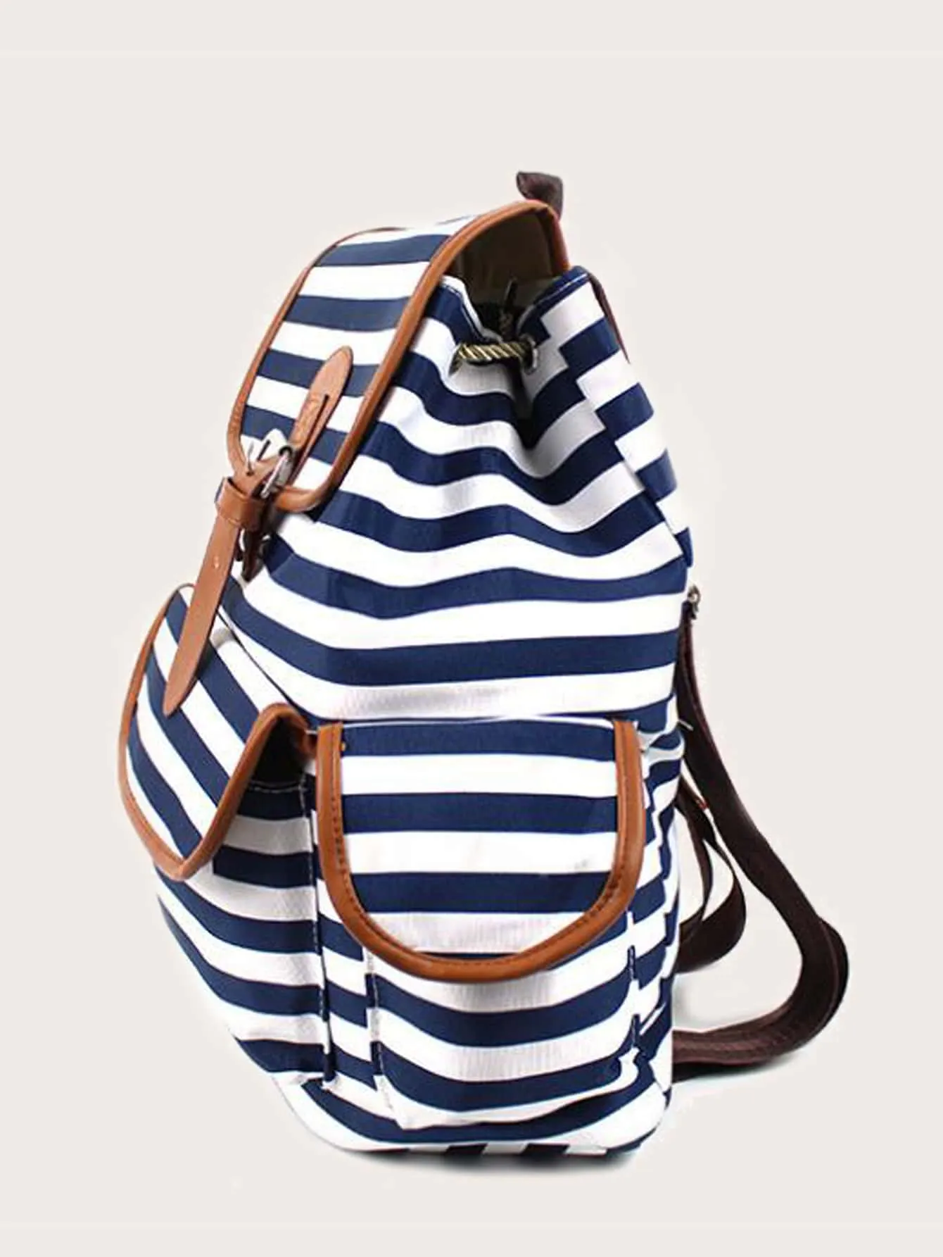 Buckle Decor Striped Pattern Flap Backpack