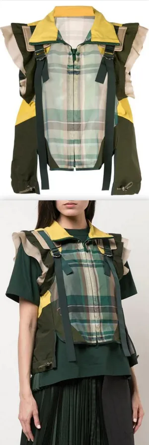 Buckled Paneled Checked Shirt, Green/Yellow