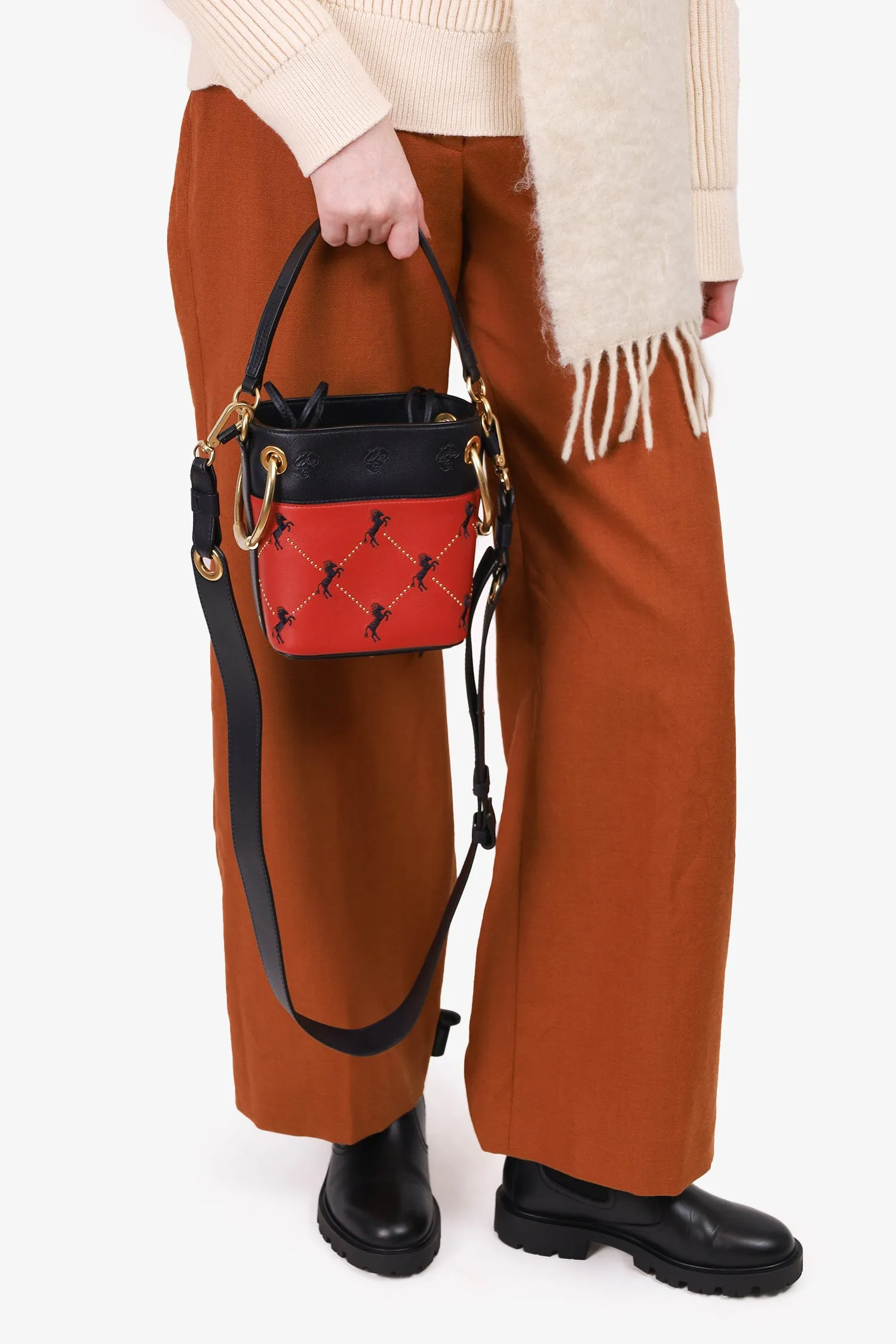 Chloe Black/Red Calfskin Little Horses Embroidered Mini Roy Bucket Bag