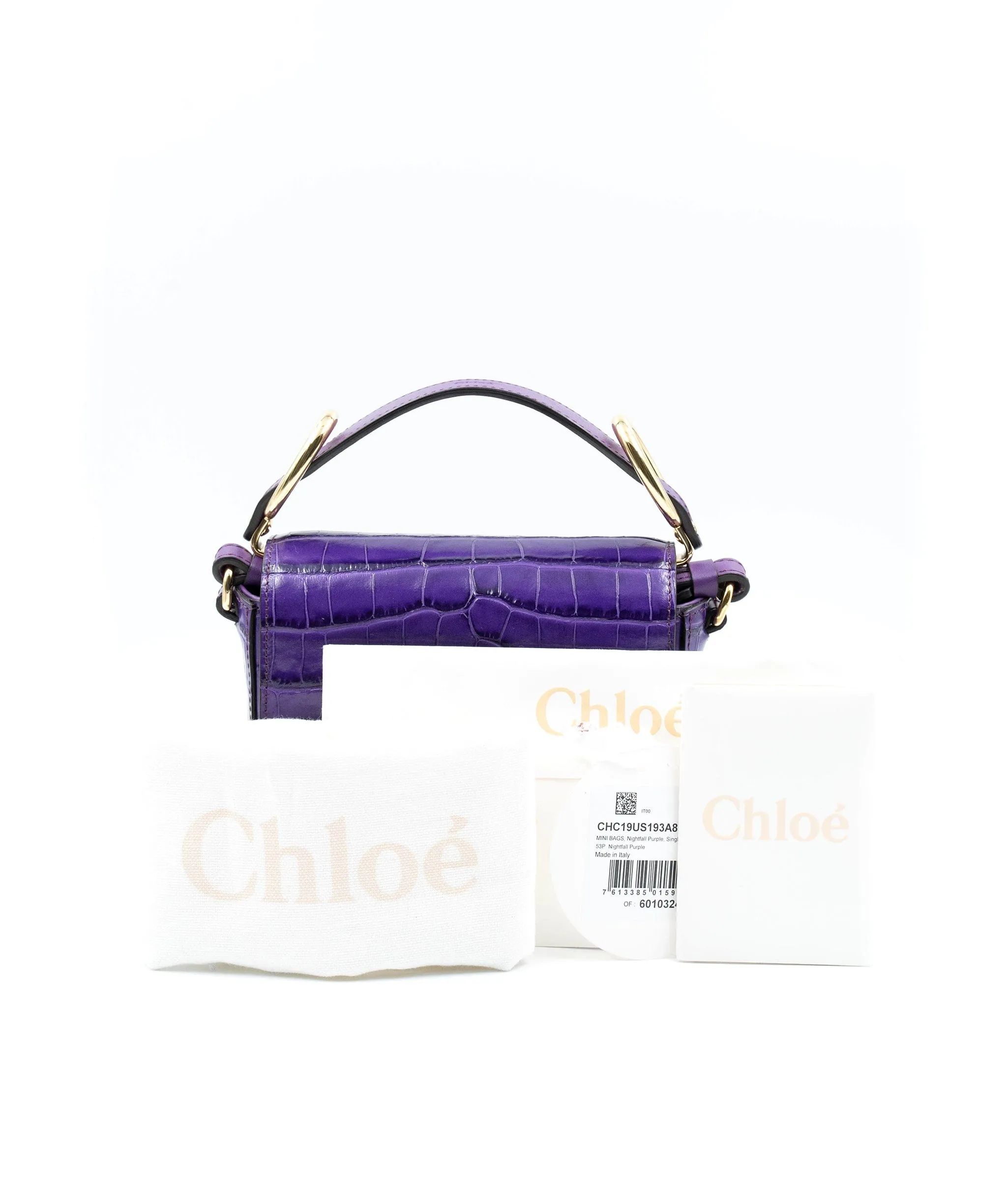 Chloe mini C bag in embossed croc, in nightfall purple colour. AJL0017