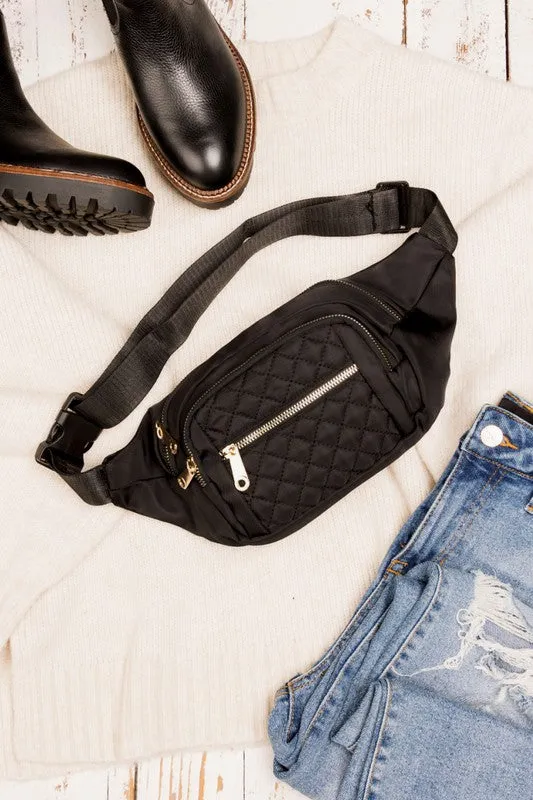 Convertible Black Quilted Belt Sling Crossbody Bag