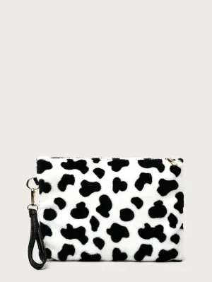 Cow Pattern Fuzzy Clutch Bag