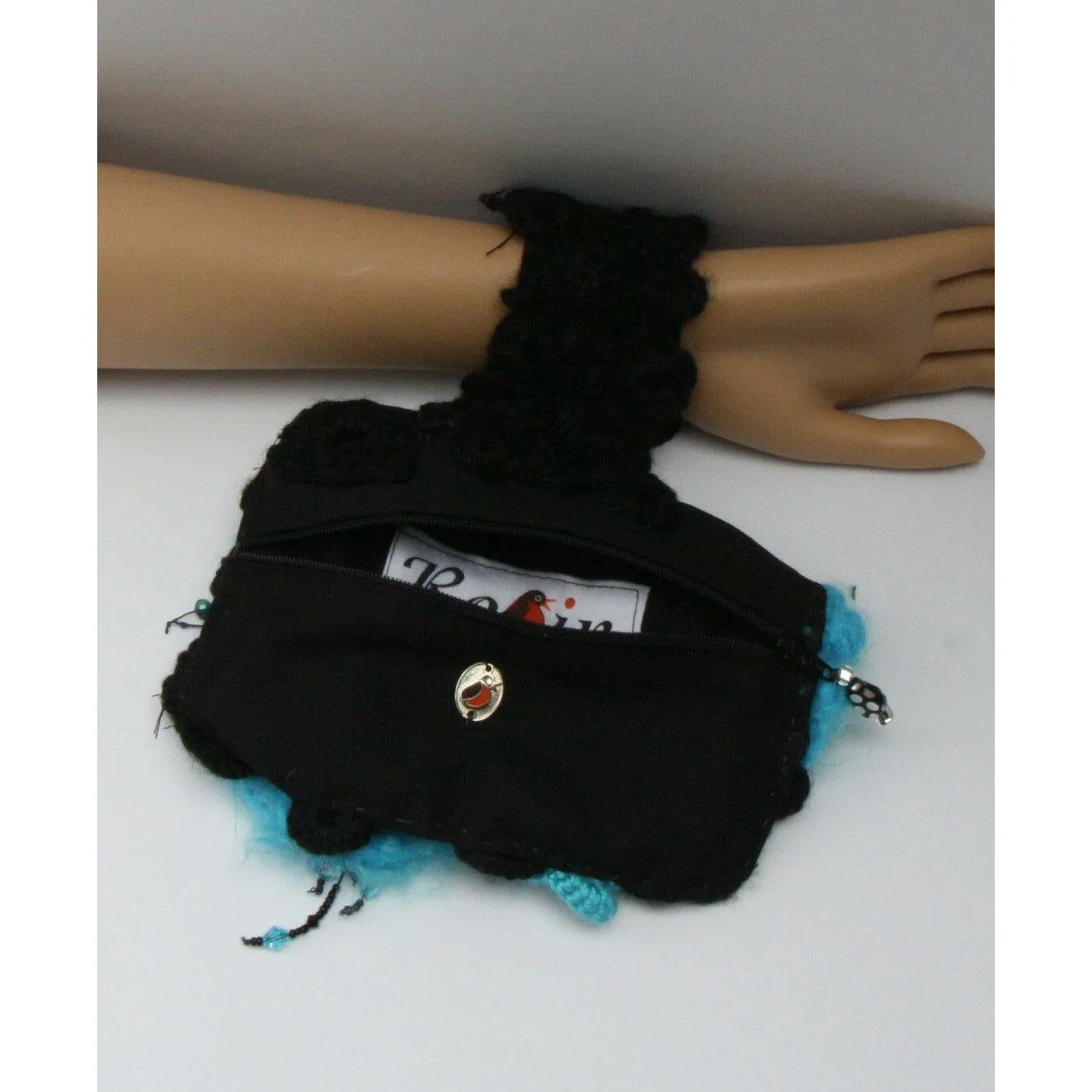 Crochet and beaded wrist-let cuff handbag purse cuff. Perfect evening accessory.