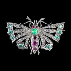 Diamond Butterfly Brooch Emerald Ruby Opal Silver 18Ct Gold