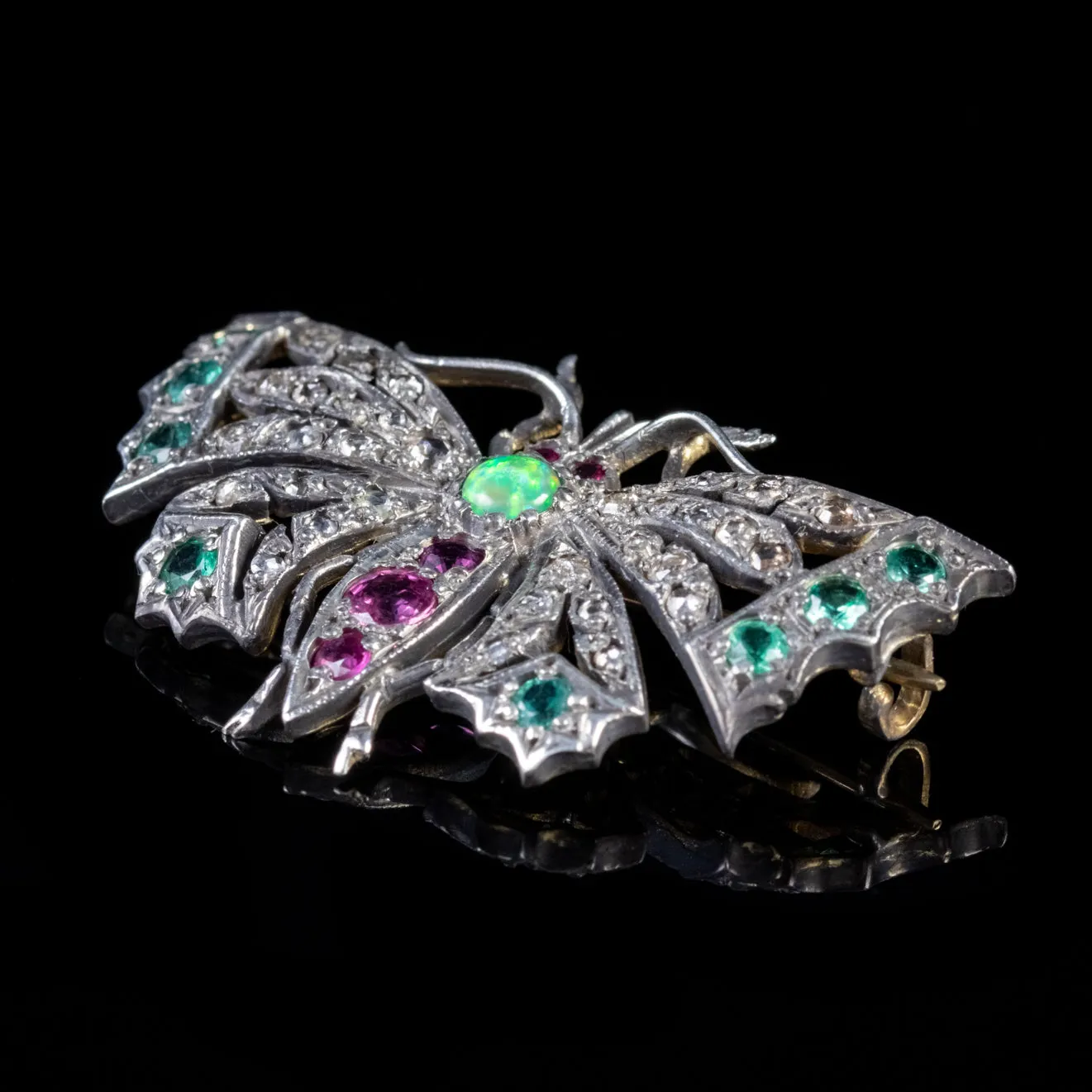 Diamond Butterfly Brooch Emerald Ruby Opal Silver 18Ct Gold