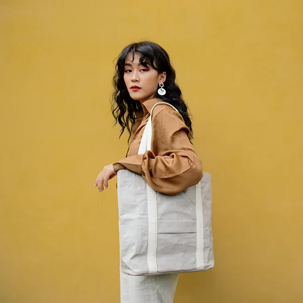 Ella Grey Tote Bag made from Washable Paper, an eco-friendly alternative to leather