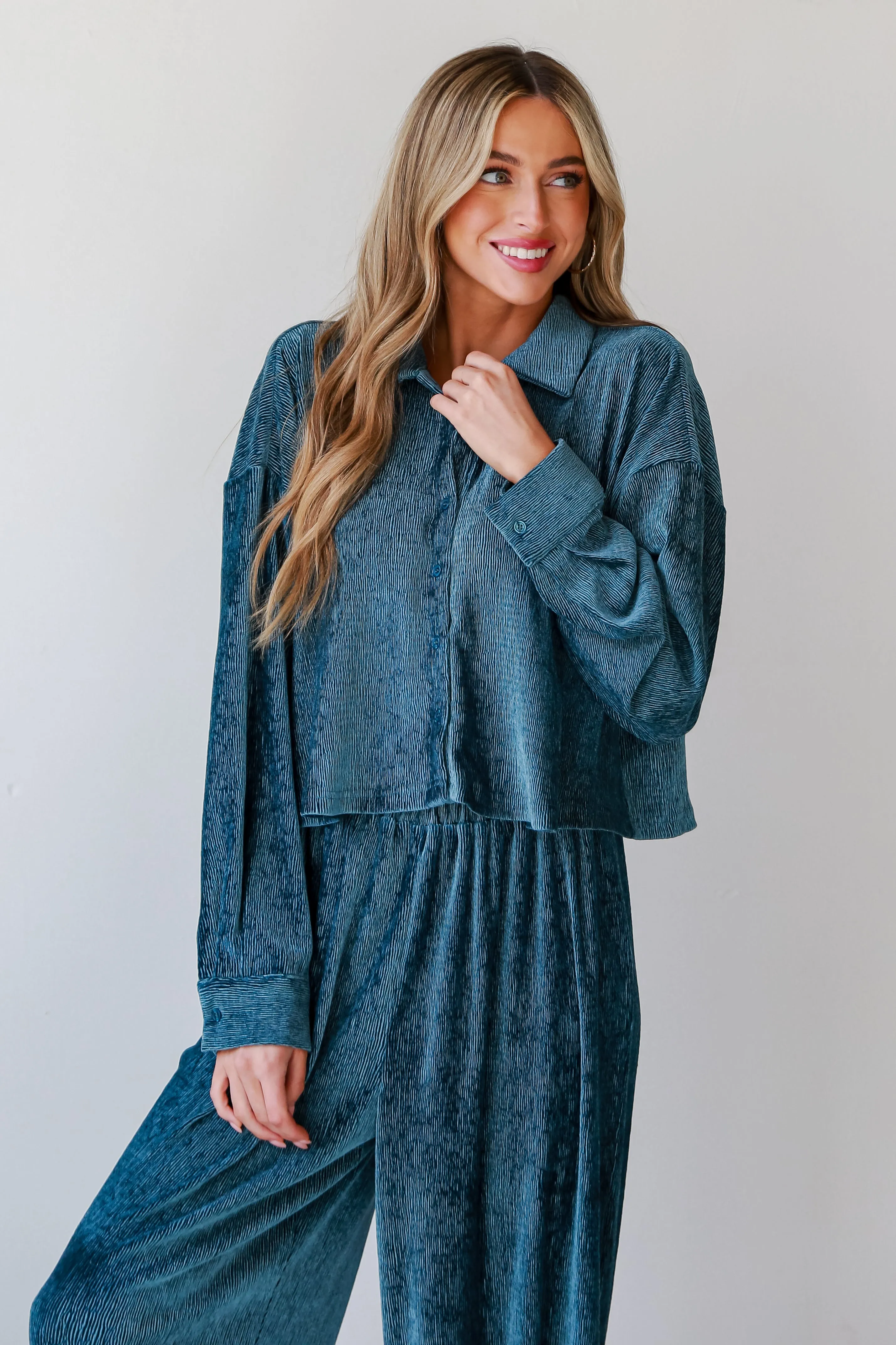 FINAL SALE - Luxurious Dream Teal Velvet Plisse Blouse