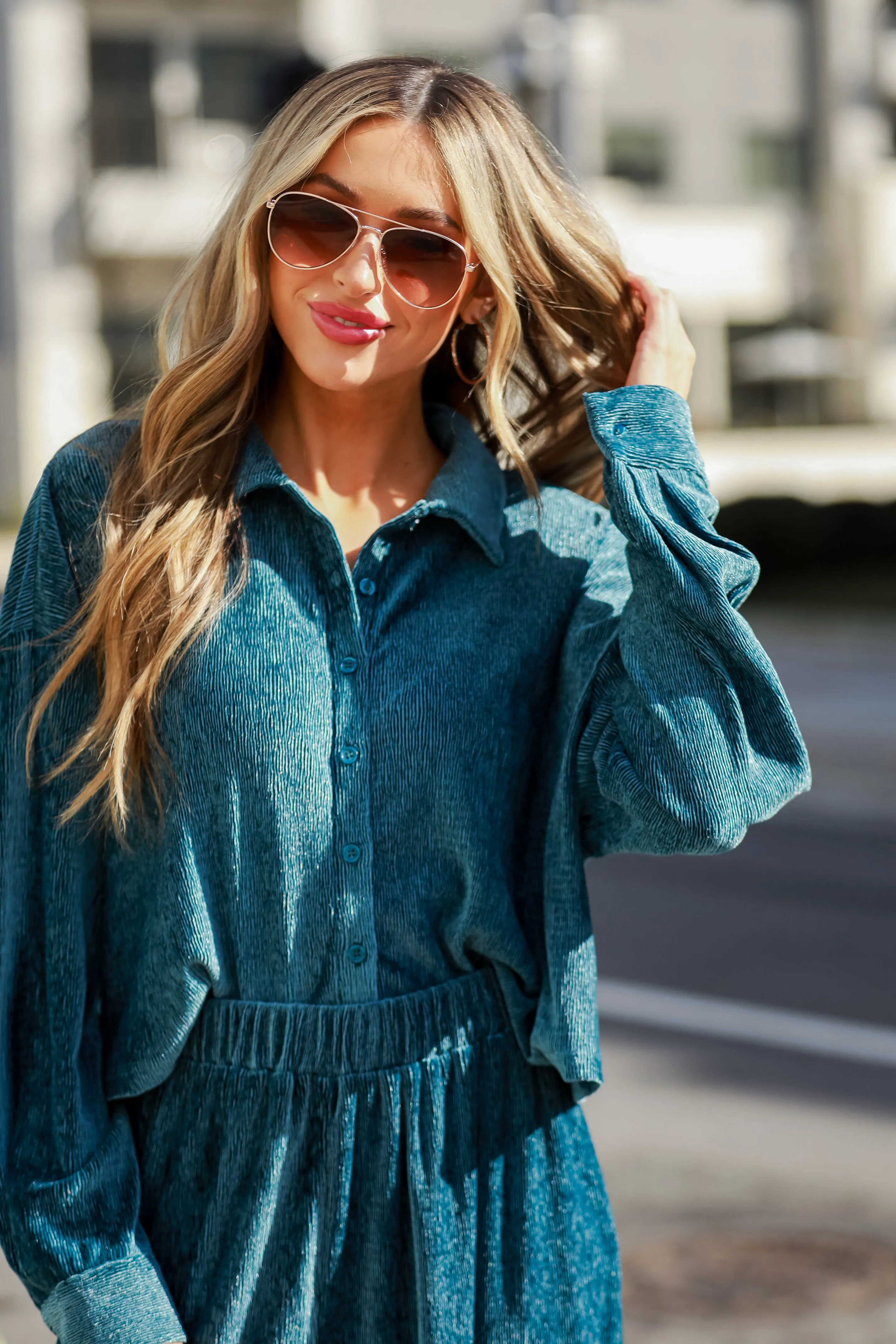 FINAL SALE - Luxurious Dream Teal Velvet Plisse Blouse