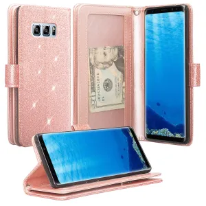 For Samsung Galaxy Note 8 Case, Galaxy Note 8 Case, [Wrist Strap] Glitter Faux Leather Flip [Kickstand Feature] Protective Wallet Case Clutch - Rose Gold