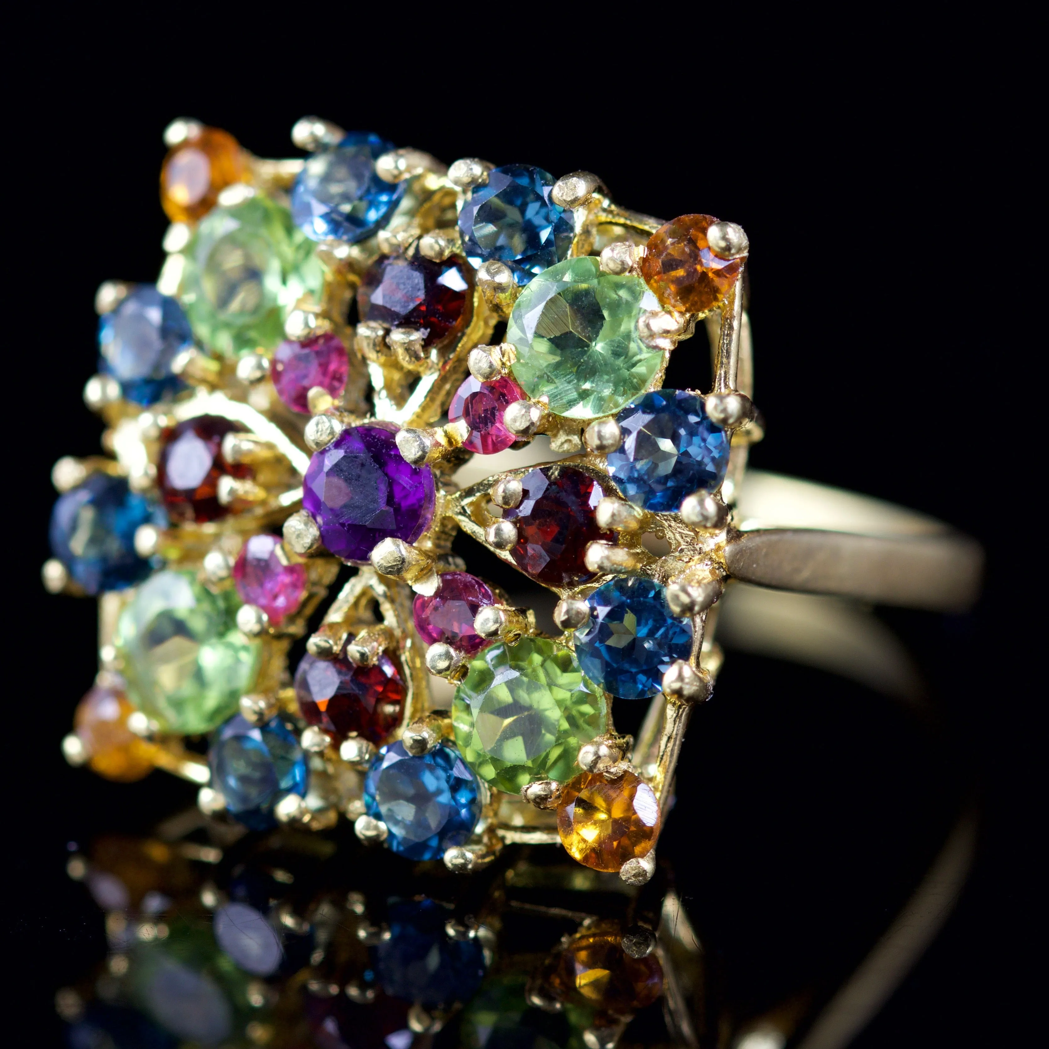 Gemstone Mixture Square Ring 18Ct Gold On Silver