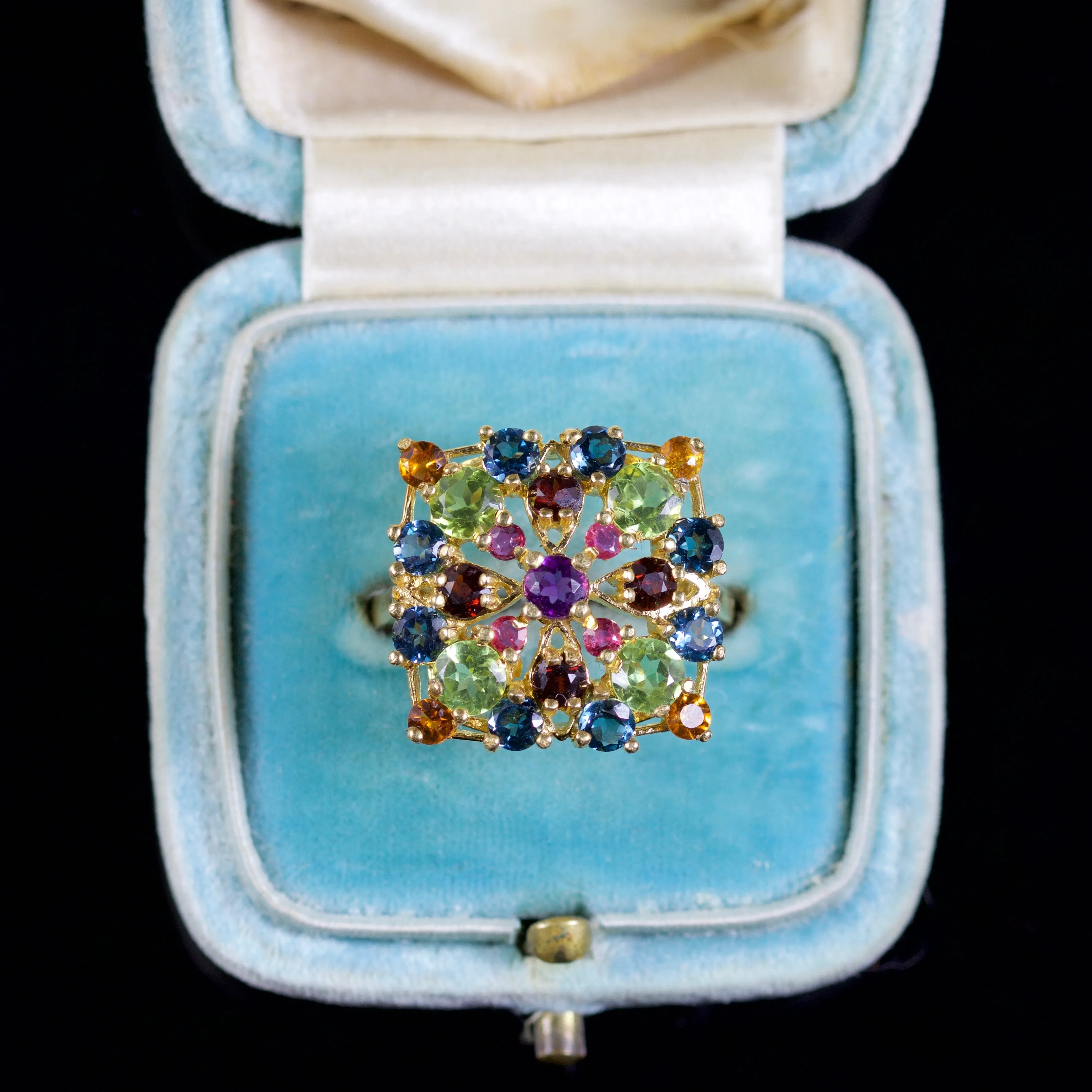 Gemstone Mixture Square Ring 18Ct Gold On Silver