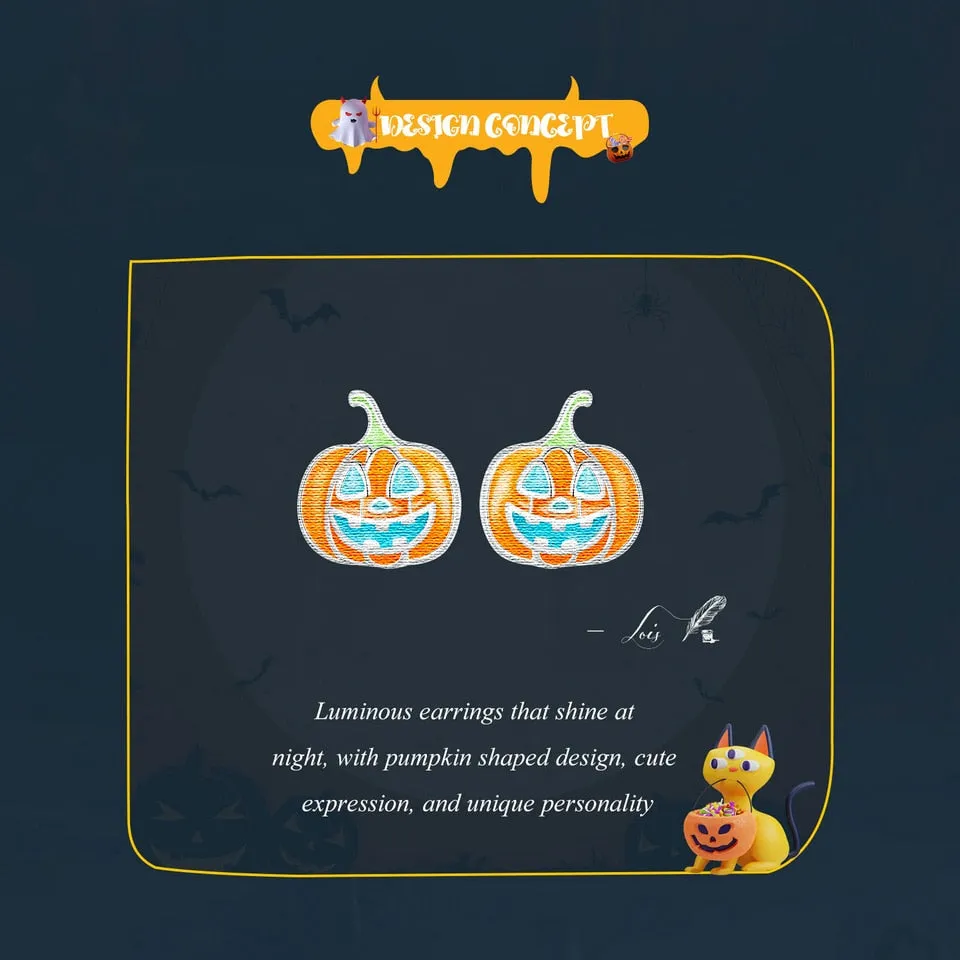 Glow-in-the-dark Pumpkin Stud Earrings (Sterling Silver, Halloween Jewelry)