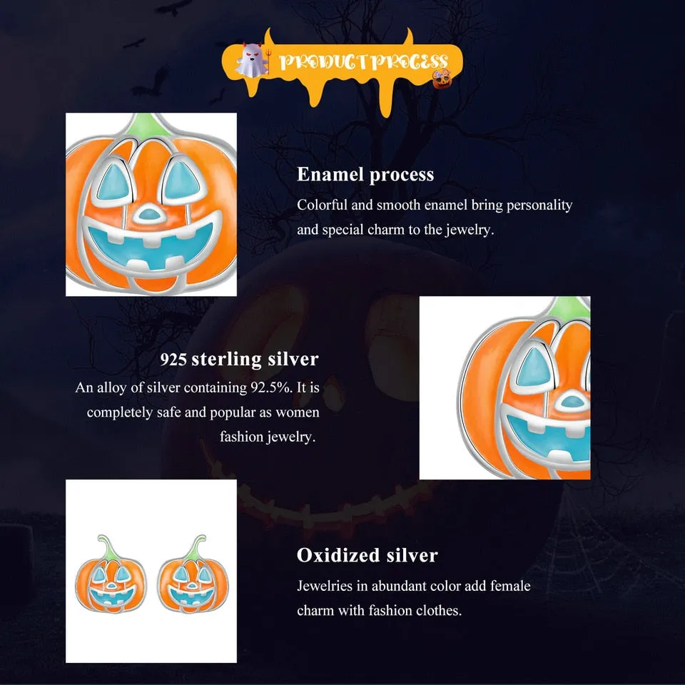 Glow-in-the-dark Pumpkin Stud Earrings (Sterling Silver, Halloween Jewelry)