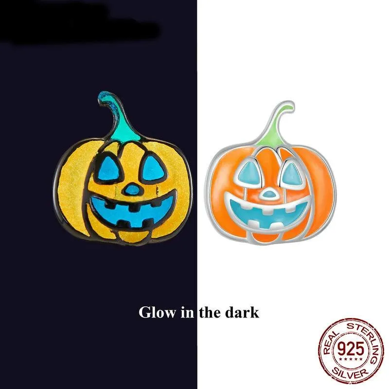 Glow-in-the-dark Pumpkin Stud Earrings (Sterling Silver, Halloween Jewelry)