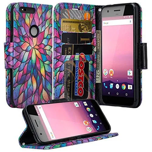 Google Pixel XL Case, Wrist Strap Pu Leather Magnetic Fold[Kickstand] Wallet Case with ID & Card Slots for Google Pixel XL - Rainbow Flower