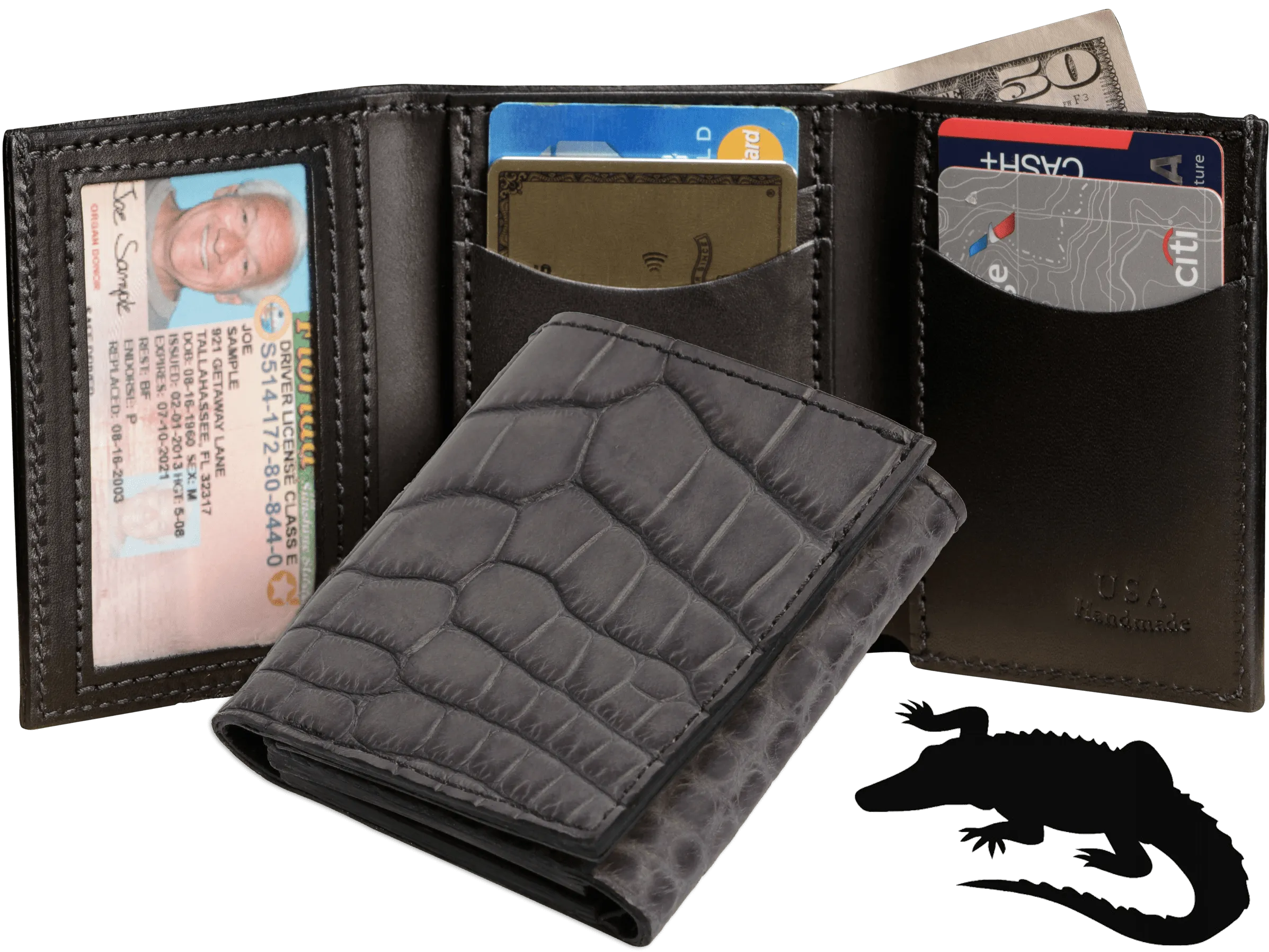 Gray Alligator Luxury Designer Exotic Trifold Wallet With ID Window