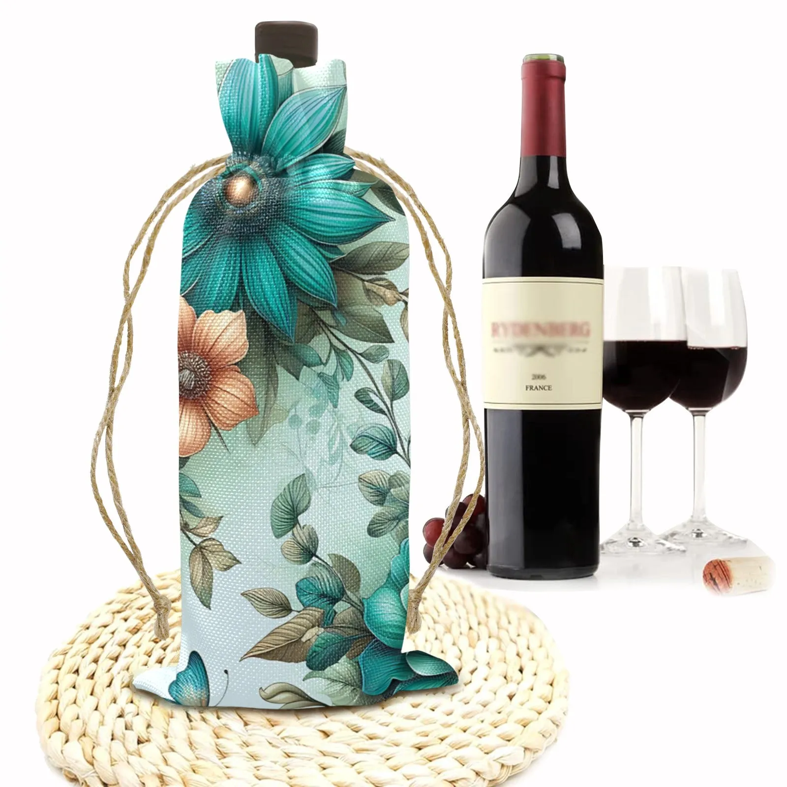 Green Floral awd438 Linen Wine Bottle Bag