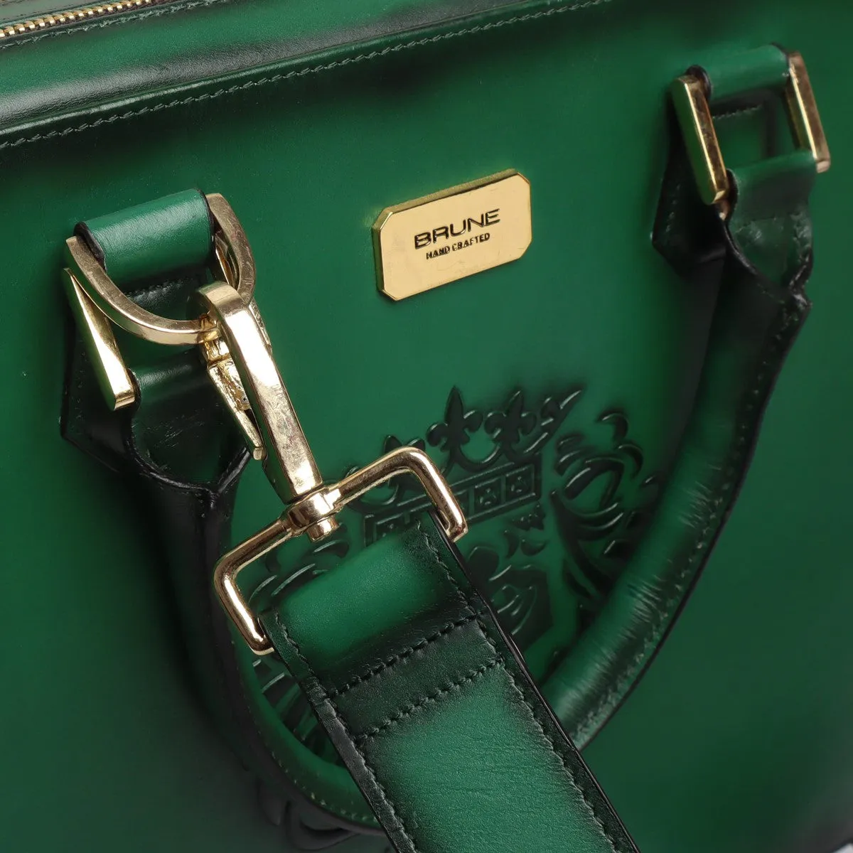 Green Leather Embossed Lion Laptop Briefcase with Organizer Compartment by Brune & Bareskin