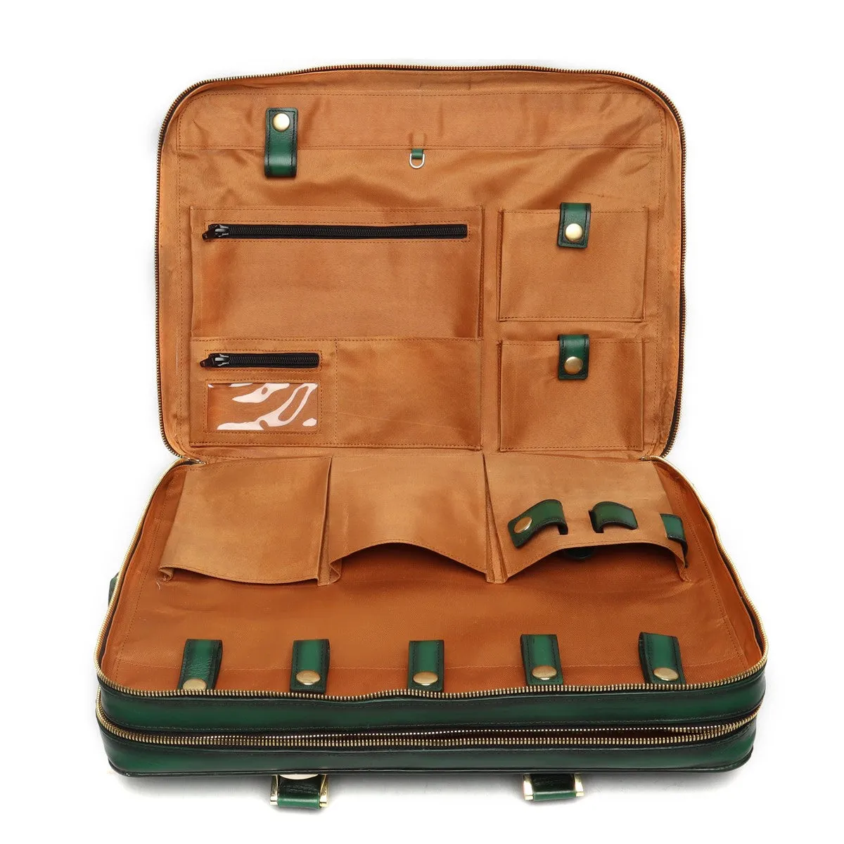 Green Leather Embossed Lion Laptop Briefcase with Organizer Compartment by Brune & Bareskin