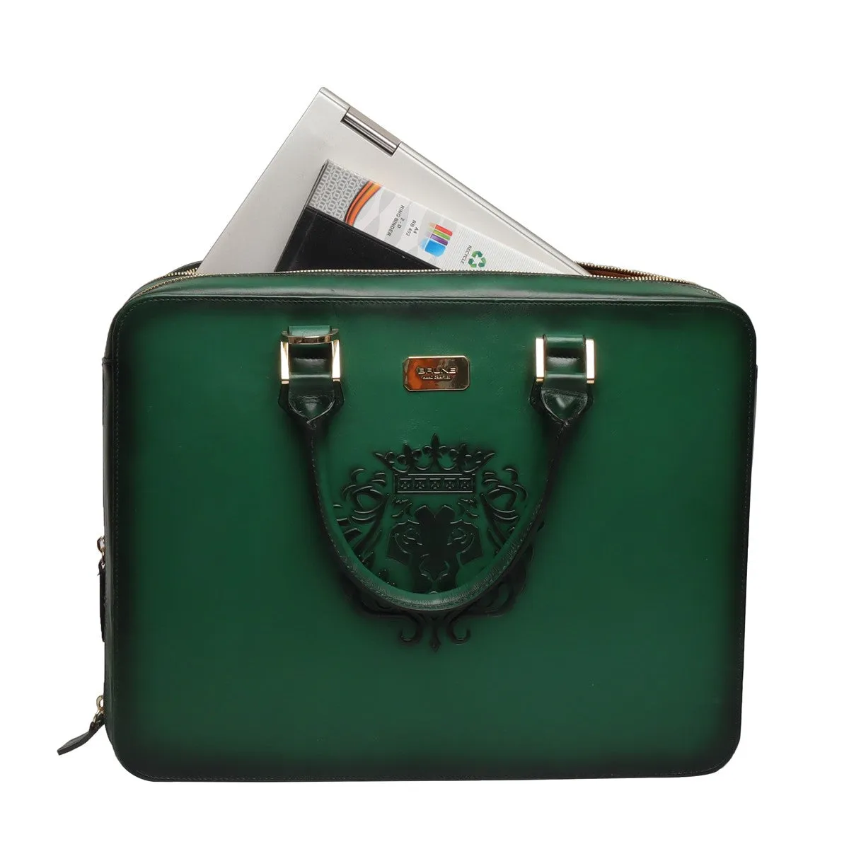 Green Leather Embossed Lion Laptop Briefcase with Organizer Compartment by Brune & Bareskin