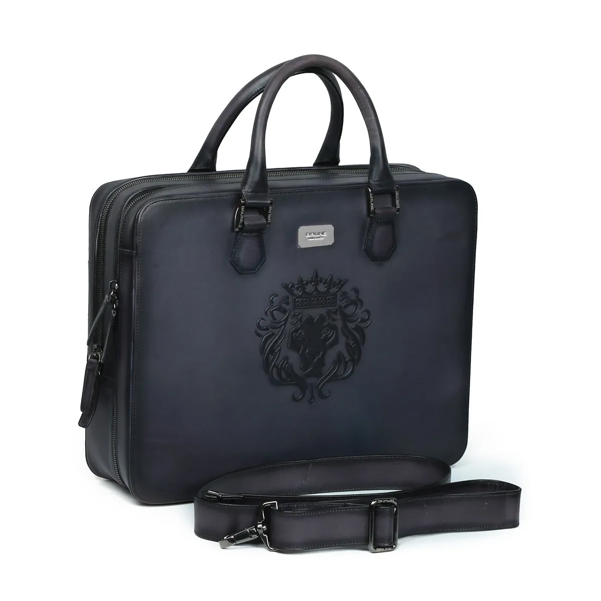 Grey Leather Embossed Lion Laptop Briefcase with Organizer Compartment by Brune & Bareskin