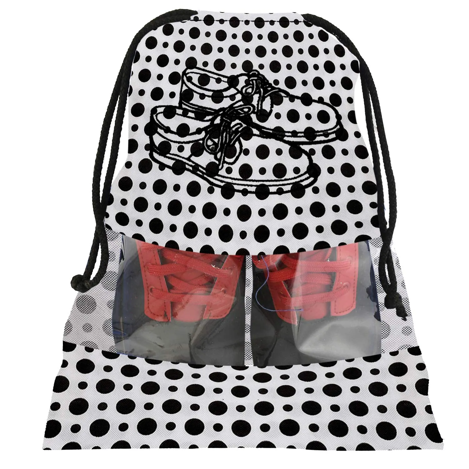 Heart Home Polka Dots Print 6 Piece Non Woven Travel Shoe Cover, String Bag Organizer (Black & White), L