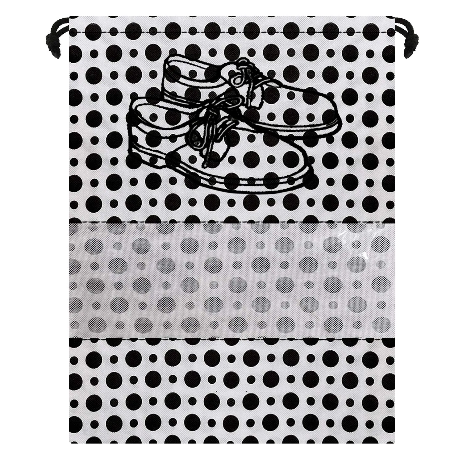 Heart Home Polka Dots Print 6 Piece Non Woven Travel Shoe Cover, String Bag Organizer (Black & White), L